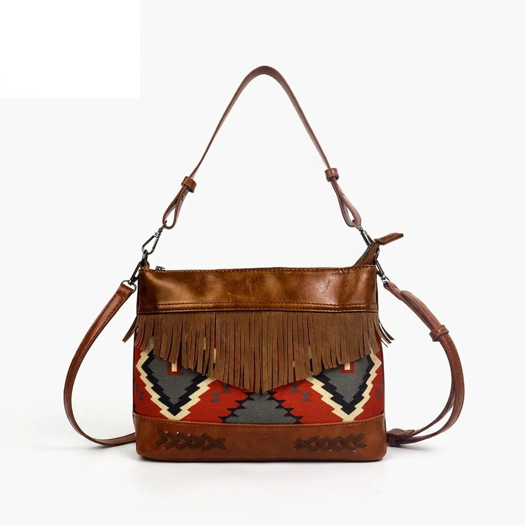 Bohemian Fringe Crossbody Bag PU Leather Ethnic Geometric Print Tribal Tassel Shoulder Bag Vintage Retro Women Casual