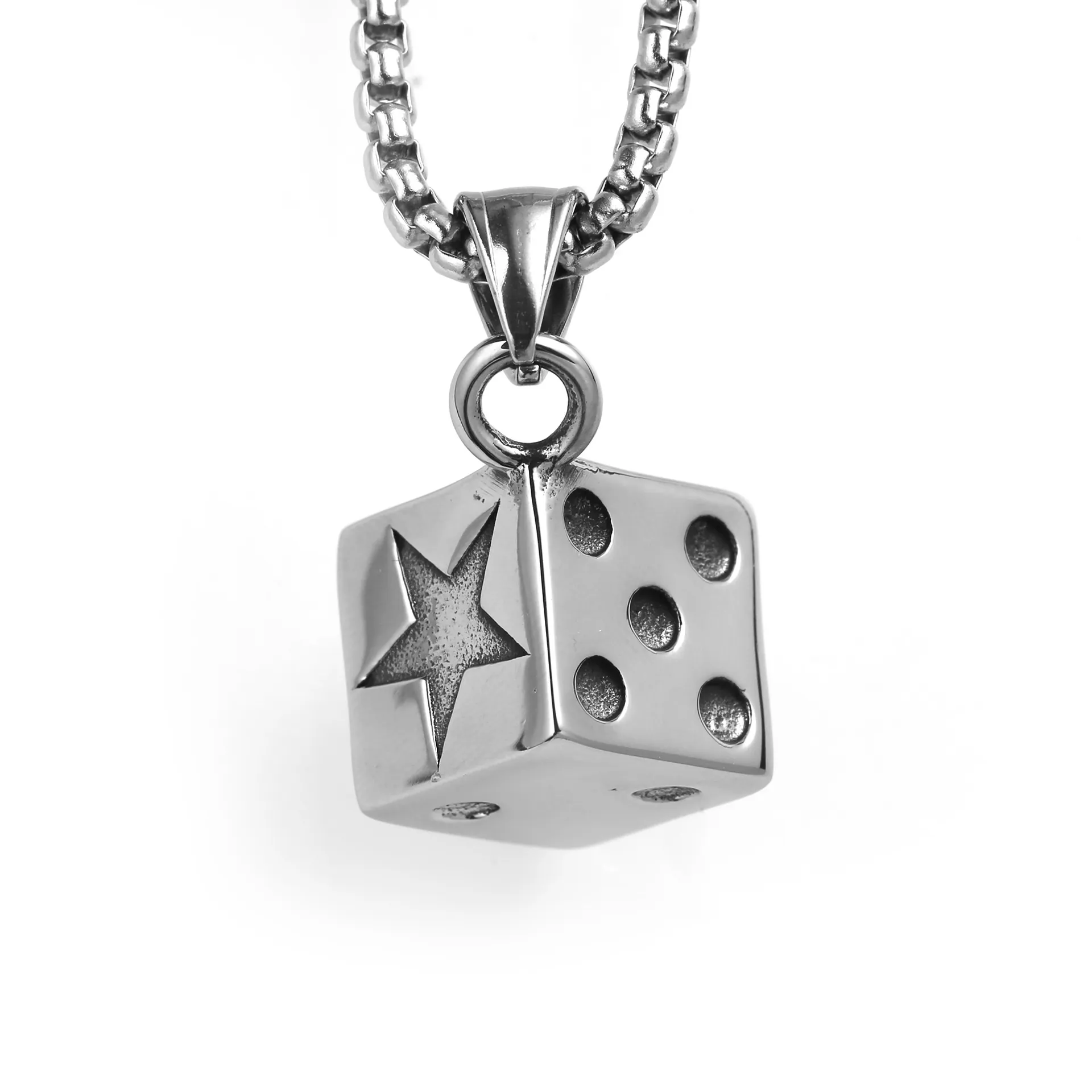 Stainless Steel Dice Pendant Necklace Cubic Five Pointed Star Engraved Punk Hip Hop Jewelry For Men Women Trendy