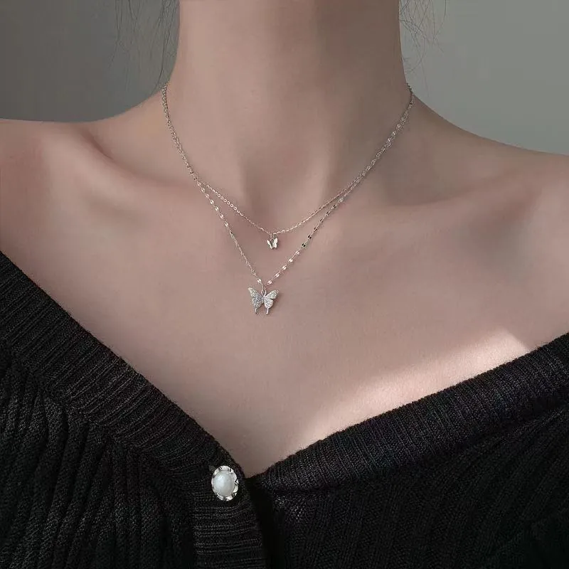 Layered Butterfly Pendant Necklace Alloy Cubic Zirconia Sparkling Clavicle Chain Elegant Jewelry For Women