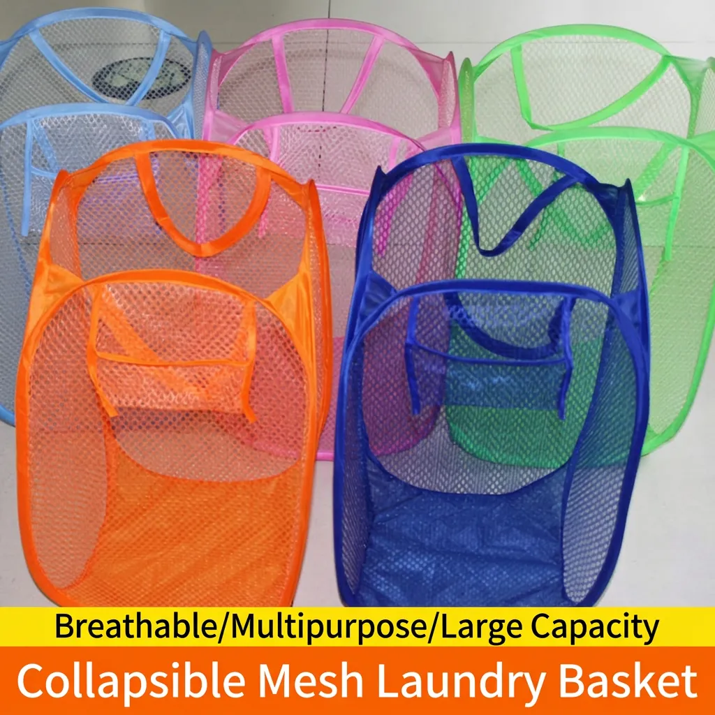 Collapsible Mesh Laundry Basket Foldable Breathable Polyester Dirty Clothes Hamper With Handles For Home Dorm Room Travel