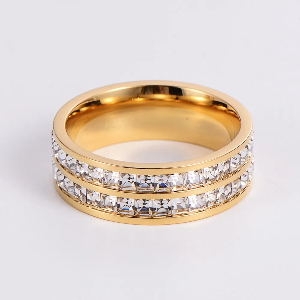 Eternity Band Ring 304 Stainless Steel Dual Row Square Cubic Zirconia Polished Geometric Jewelry For Lovers Gift