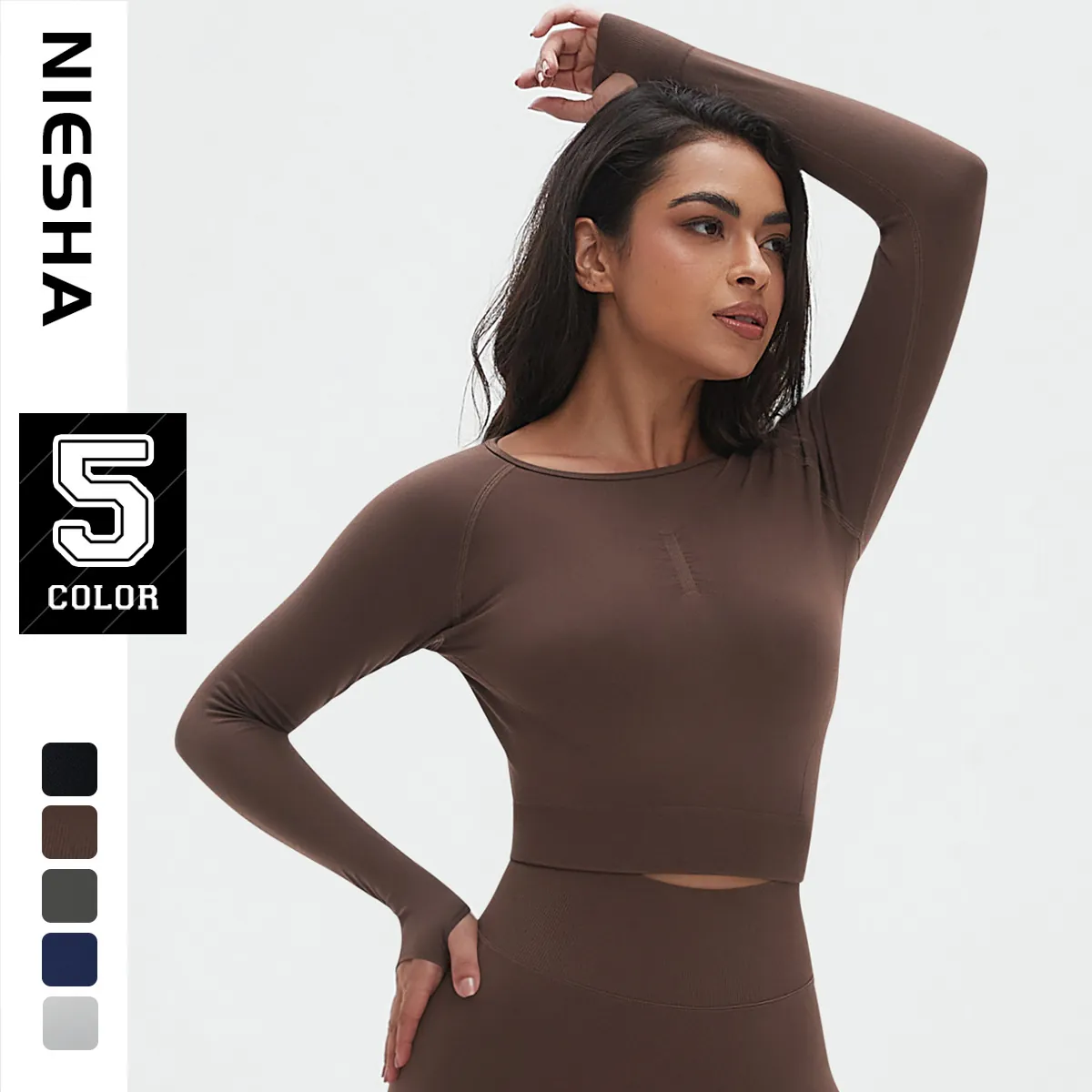 Haut de Yoga à Manches Longues Sans Couture pour Femmes Coupe Slim T-Shirt de Sport avec Passe-Pouce Fitness Galbant