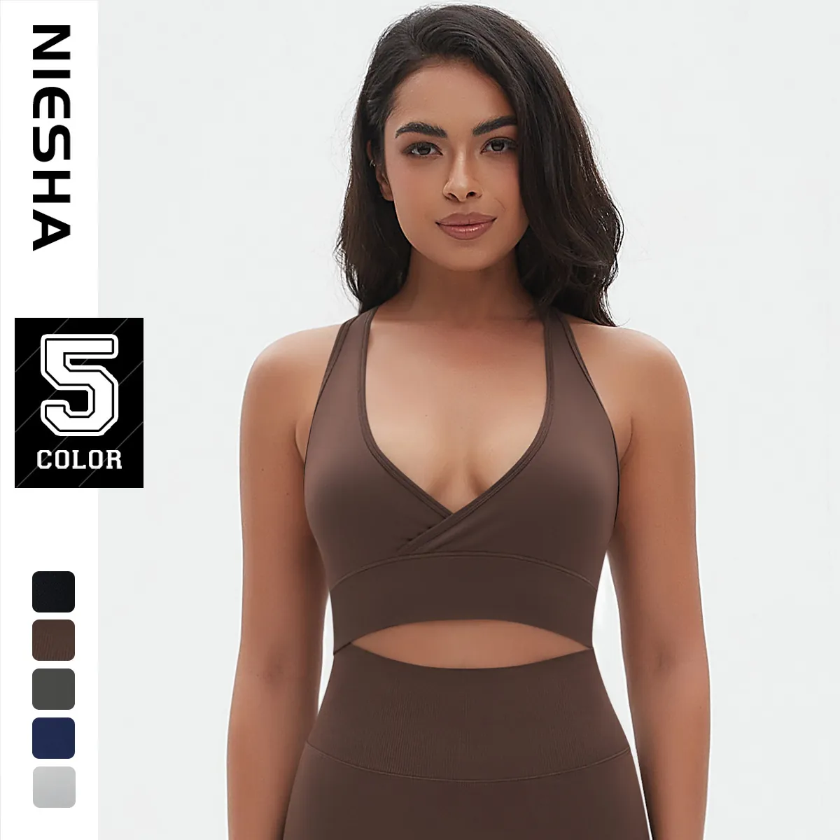 Soutien-Gorge de Sport Sans Couture pour Femmes Col en V Croisé Découpe à la Taille Fitness Yoga Top Nylon Élasthanne Respirant Galbant