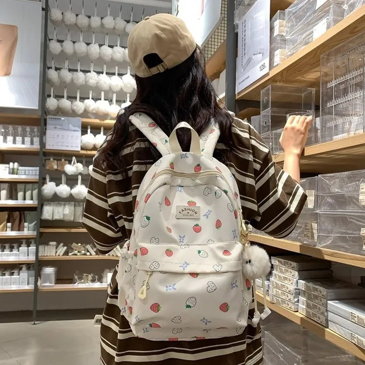 Cute Strawberry Heart Print Backpack Nylon Multi-Pocket Large Capacity School Travel Bag For Girls Students With Plush Pendant