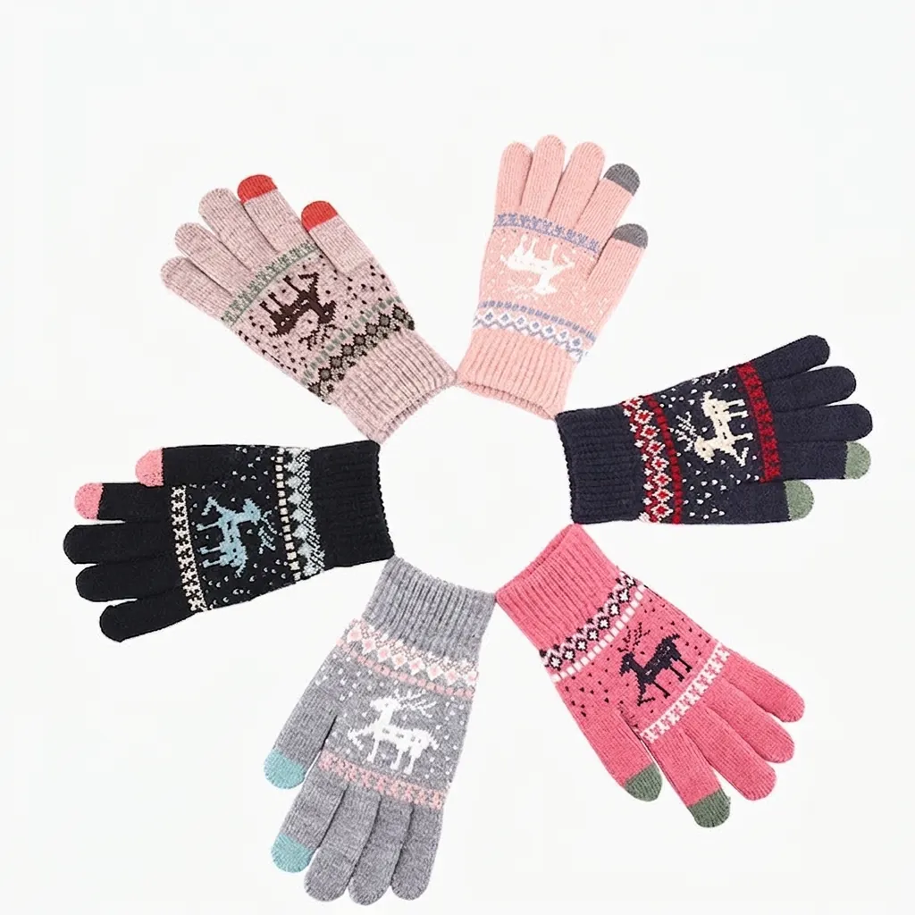 Touch Screen Knit Gloves Reindeer Snowflake Pattern Fleece Lined Winter Warm Thermal Mittens For Men Women Nordic Style