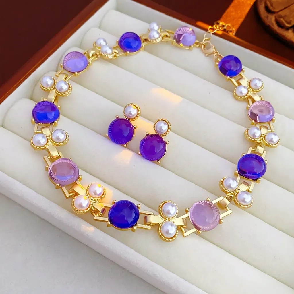 Bijoux Vintage Collier Boucles D'oreilles Avec Pierres Précieuses En Résine Violette Rondes Fausses Künstliche Perles Et Tige D'oreille En Argent Pour Femmes