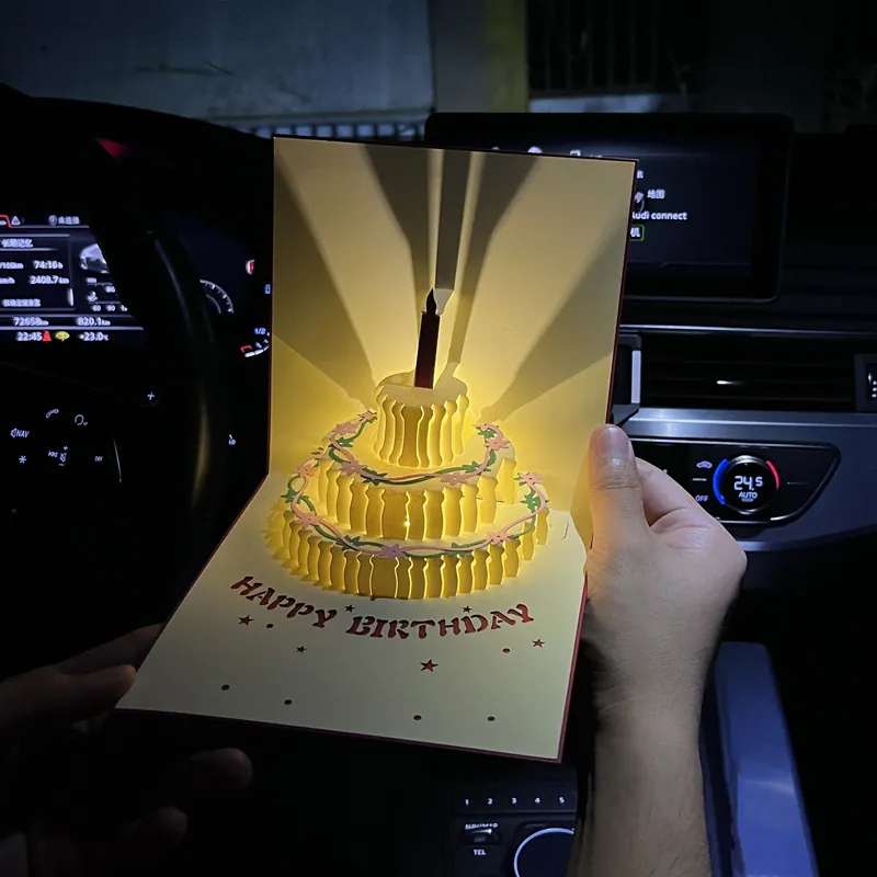 3D Pop-Up Birthday Greeting Card With LED Light And Music Handmade Paper Carving Cake Design Gift For Friends Family