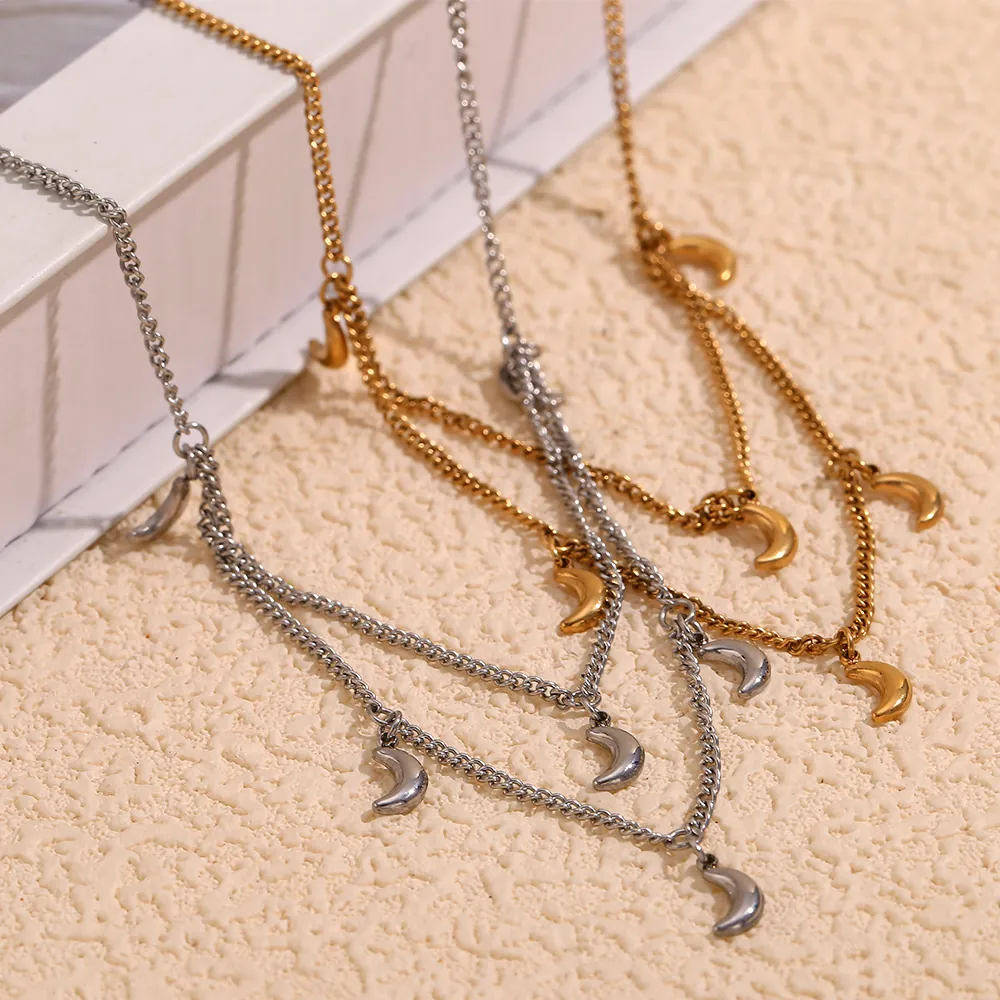 Collier Pendentif Croissant De Lune Double Couche Plaqué Or 18K Acier Inoxydable Chaîne Gourmette Pour Femme Bijoux Mode