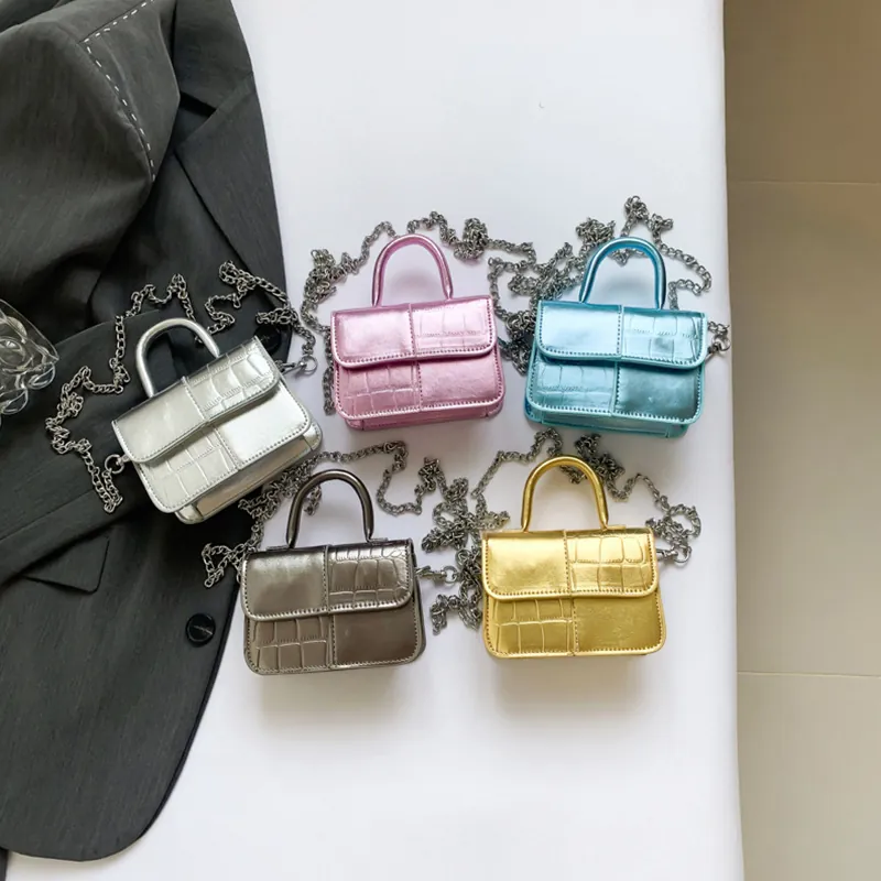 Kids Girls Mini Shoulder Bag Metallic Crocodile Pattern PU Leather Shiny Handbag Chain Strap Top Handle Square Bag