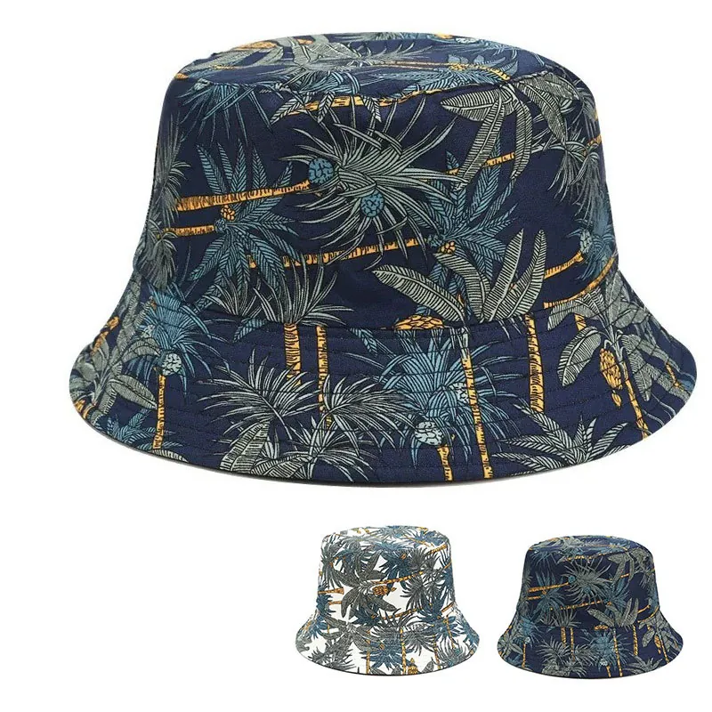 Chapeau Bob Imprimé Palmier Tropical Cocotier Sergé Acrylique Protection Solaire Large Bord Été Extérieur Voyage Femmes