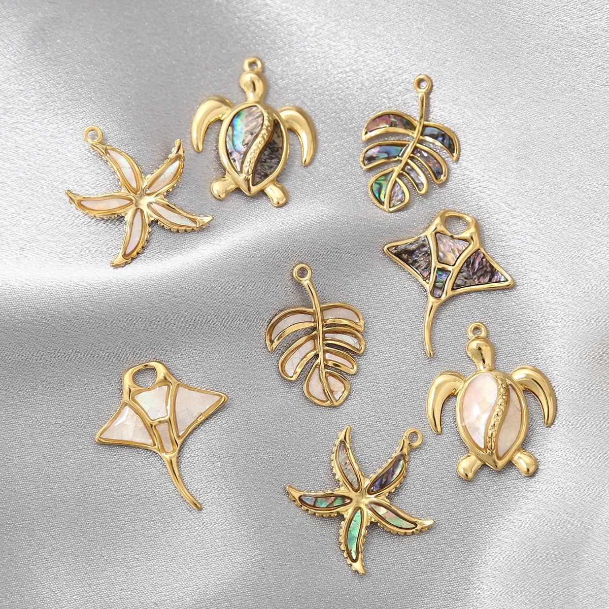 Ocean Theme Charms Pendants Gold Plated Stainless Steel Natural Abalone Mother Of Artificial Pearl Sea Turtle Starfish Leaf For DIY