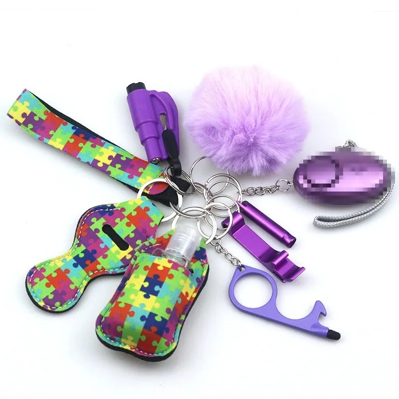 Women Safety Keychain Personal Alarm Wristlet Neoprene Sanitizer Bottle Lipstick Holder Faux Fur Pompom Whistle