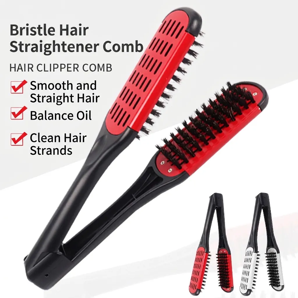 Boar Bristle Hair Straightening Clamp Comb V Shape Double Sided Smoothing Styling Brush For Professional Salon And Home Use