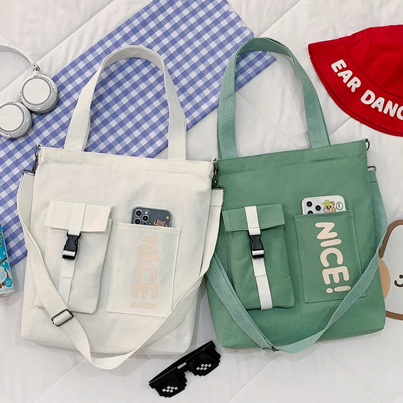 Women Canvas Tote Bag Large Capacity Crossbody Shoulder Handbag With NICE Letter Print And Buckle Pocket For Students