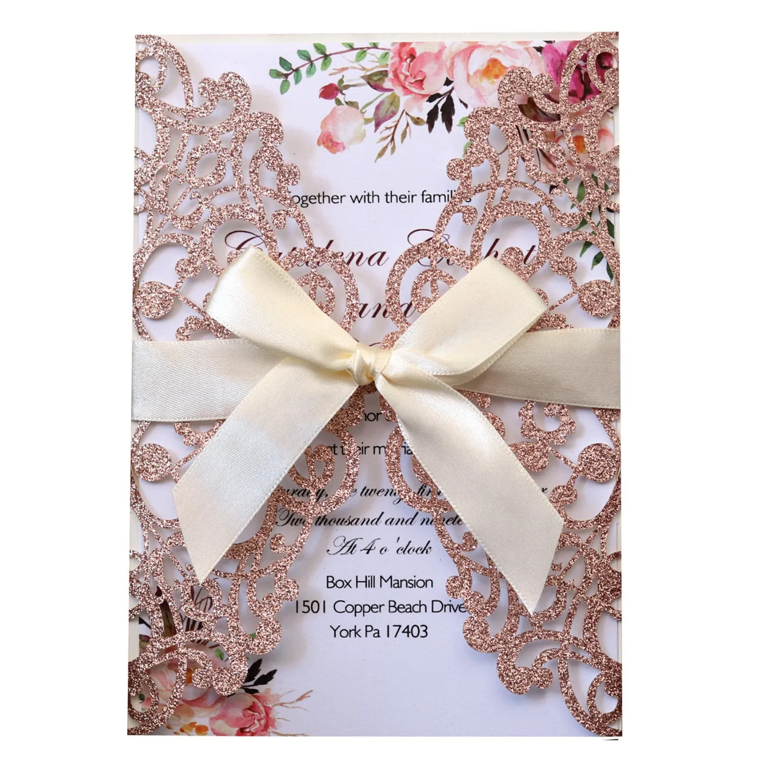 Laser Cut Wedding Invitation Cards Glitter Paper Hollow Floral Engagement Invitations With Ribbon Bow Envelope
