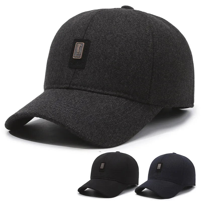 Men Winter Warm Baseball Cap With Earflaps Wool Blend Golf Sport Hat Outdoor Windproof Thickened Ear Protection Dad Hat