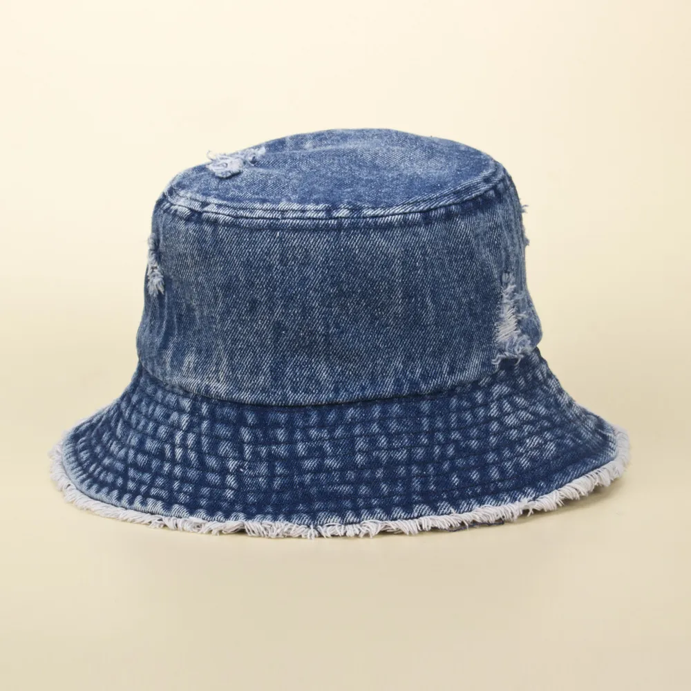 Vintage Distressed Denim Bucket Hat With Frayed Edges Ripped Holes Retro Casual Streetwear Sun Protection Cotton Hat