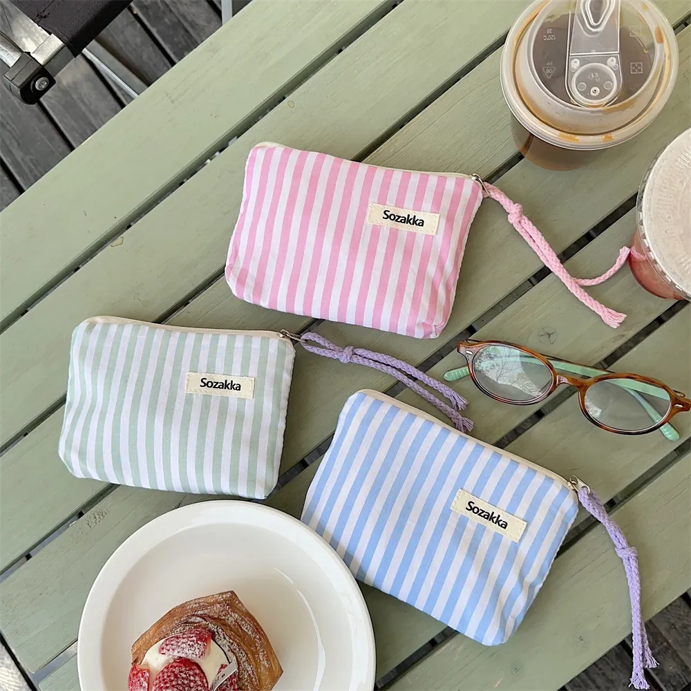 Mini Borsa Per Cosmetici In Tela A Righe Portamonete Portatile Astuccio Con Cerniera Piccolo Organizzatore Per Trucco