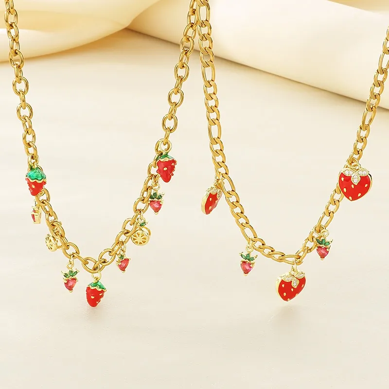 Collier Pendentif Fraise En Acier Inoxydable Plaqué Or Émail Rouge Bijoux Pour Femmes Mode Douce