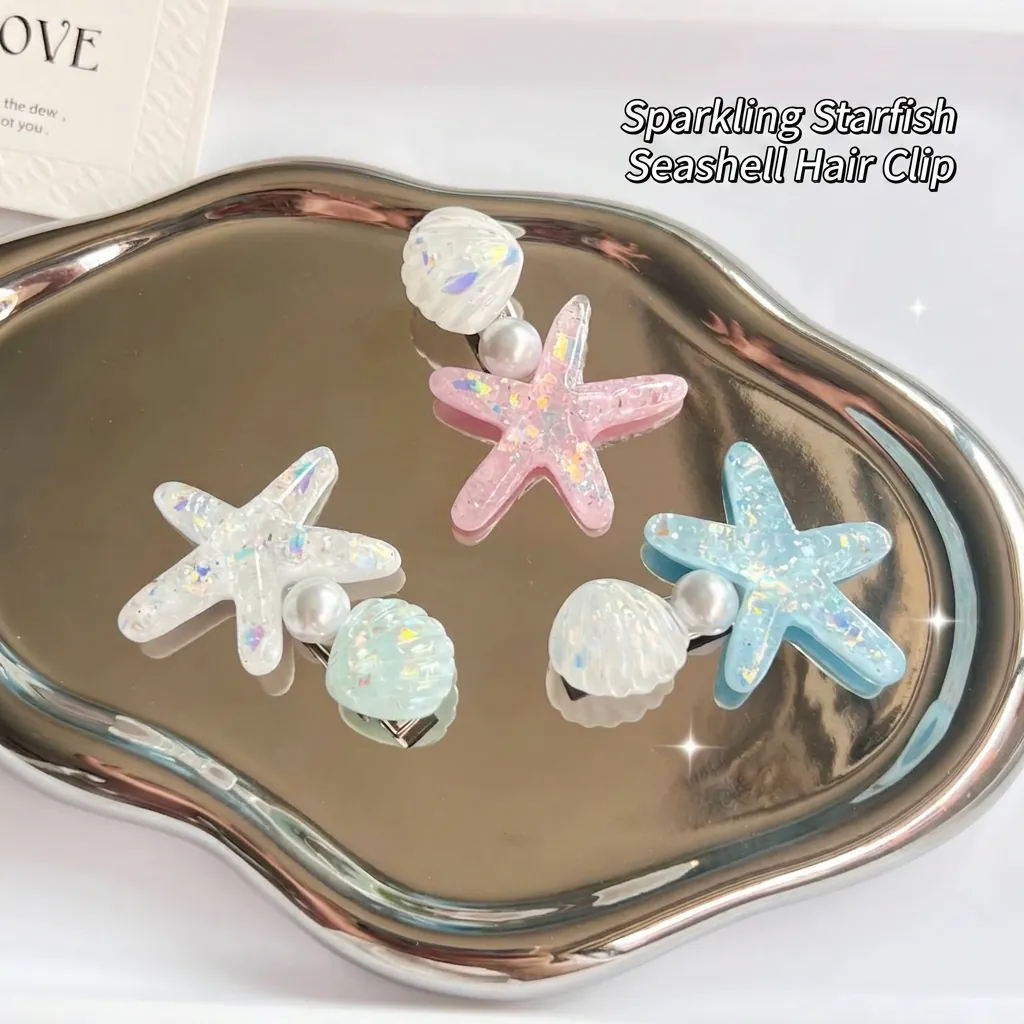 Starfish Shell Artificial Pearl Hair Clips Mermaid Ocean Glitter Resin Faux Artificial Pearl Alloy Sweet Hairpin For Women Girls