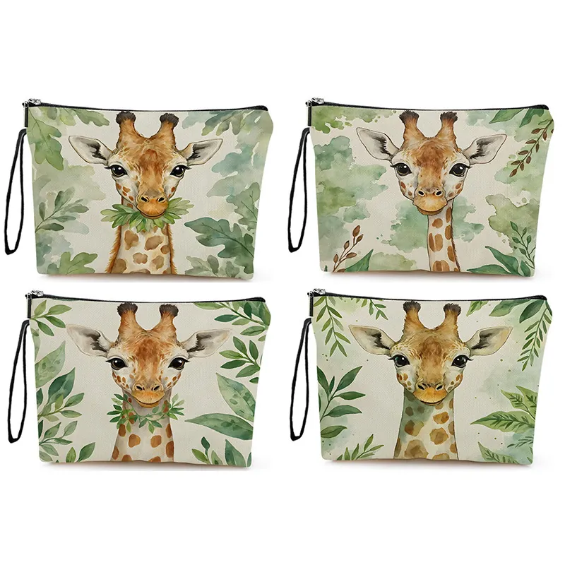 Watercolor Giraffe Print Makeup Bag Linen Canvas Cosmetic Pouch Portable Travel Wash Bag With Zipper Wristlet