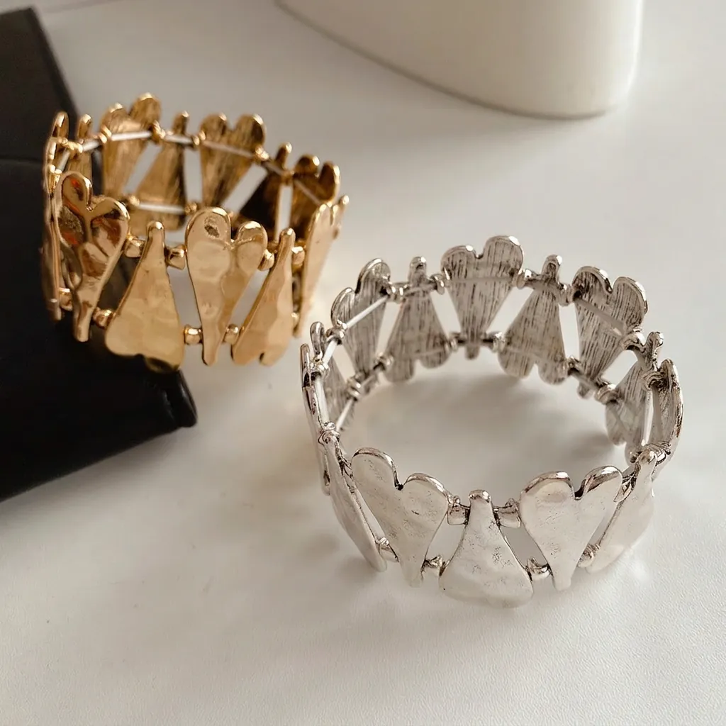 Bracelet Élastique Cœur Entrelacé En Alliage Martelé Jonc Large En Métal Bijoux De Niche Minimalistes Femmes