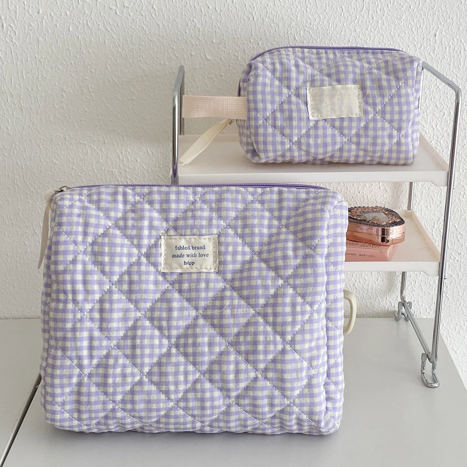 Quilted Cotton Gingham Makeup Bag Large Capacity Toiletry Storage Pouch Korean Ins Style Soft Checkered Cosmetic Organizer