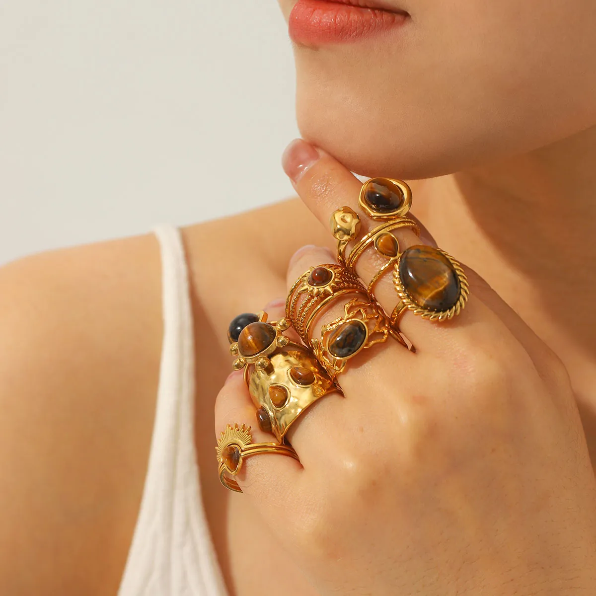 Bague En Acier Inoxydable Vintage Avec Pierre Oeil De Tigre Imperméable Hypoallergénique Ouverte Réglable Bijoux