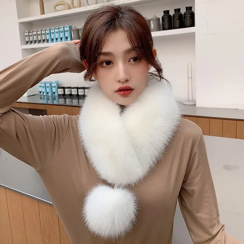 Women Faux Fur Scarf Neck Warmer With Pom-Pom Winter Warm Soft Plush Solid Color Cross Wrap Fashion Elegant
