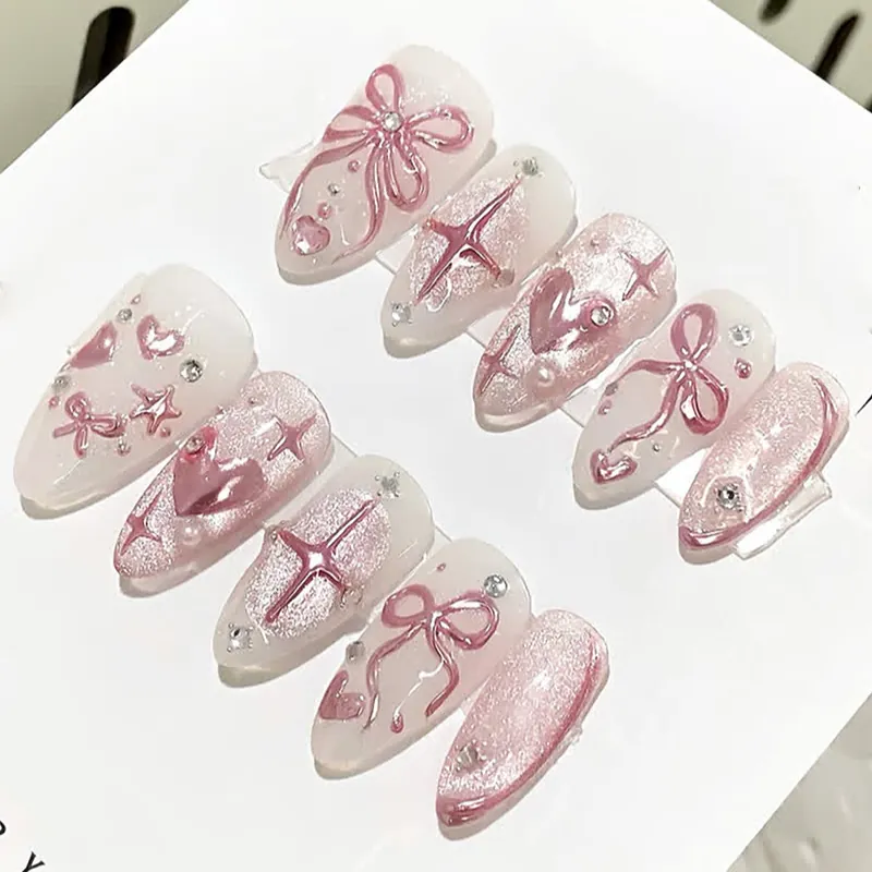 Ongles À Presser Faits À La Main Effet Oeil De Chat Strass Papillon Coeur Design Rose Brillant Blanc Künstliche Perle Faux Ongles