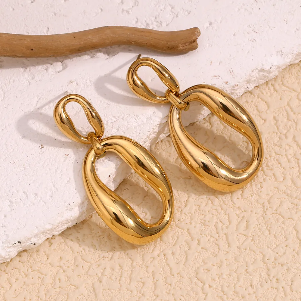 Minimalist Irregular Double Nested Oval Geometric Earrings Stainless Steel 18K Gold Plated Jewelry For Women