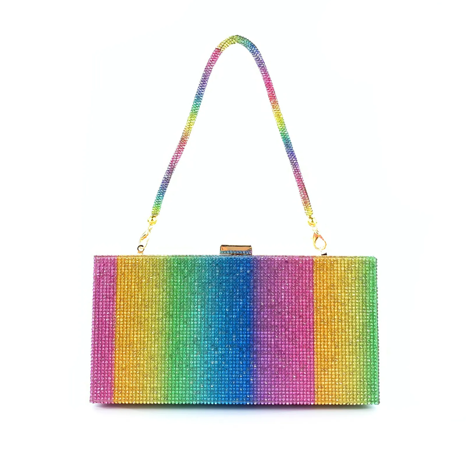 Rainbow Rhinestone Evening Clutch Bag Colorful Striped Formal Party Handbag Gold Chain Strap Women Luxury