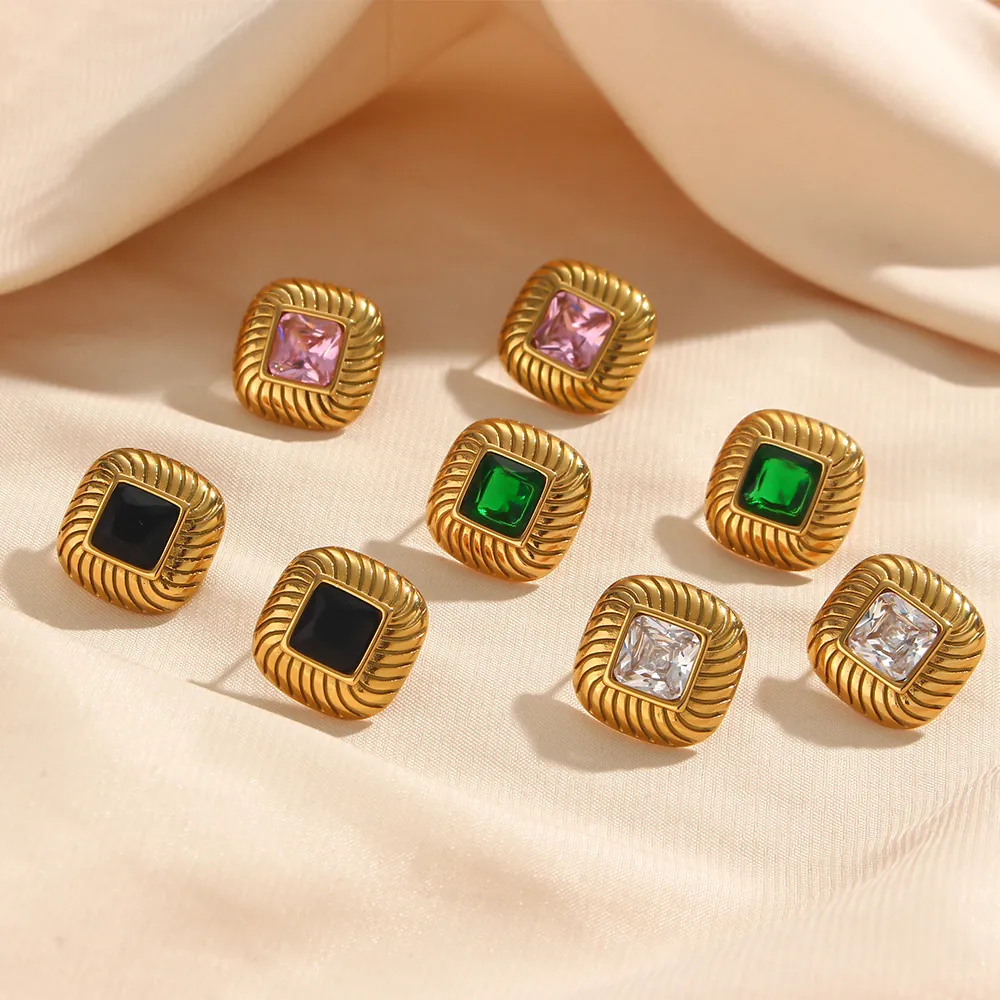 Vintage Square Zircon Stud Earrings 18K Gold Plated Stainless Steel Twisted Spiral Border French Chic Trendy Jewelry For Women