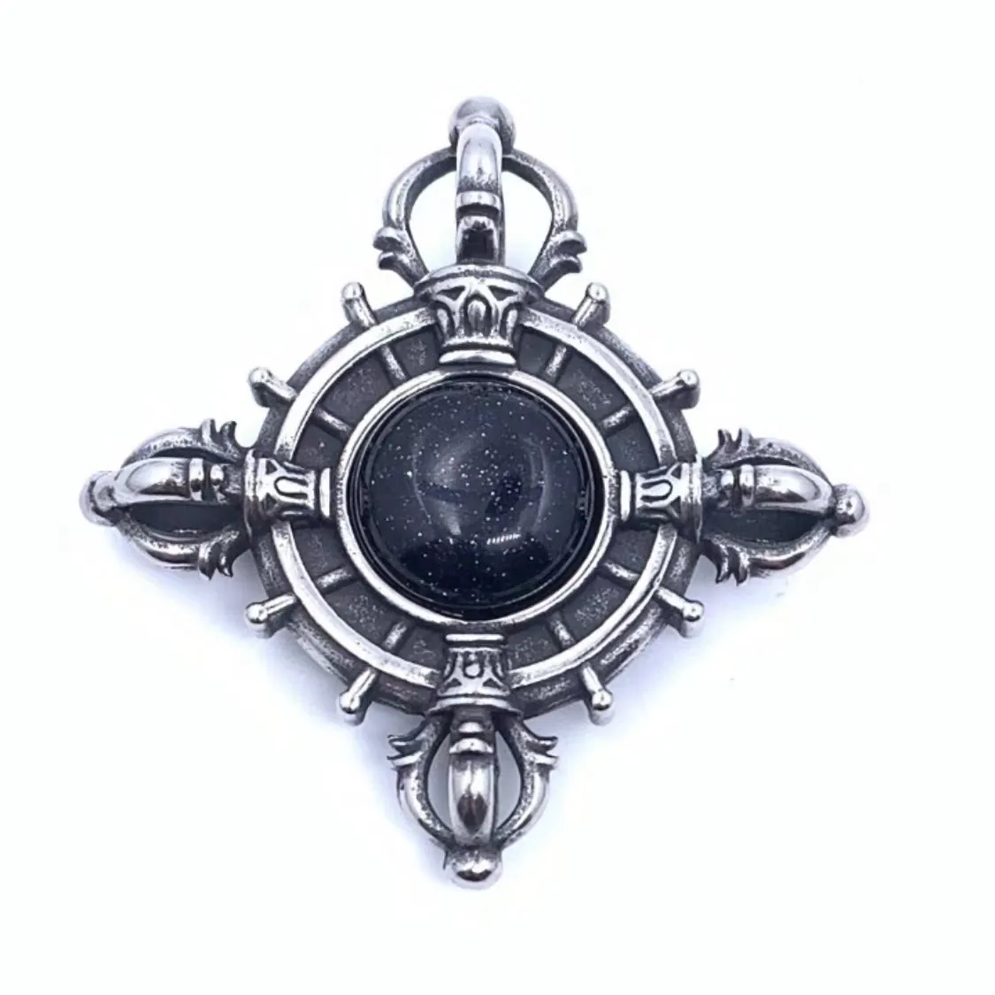 Collier Pendentif Croix Vajra en Acier Inoxydable Vintage pour Homme Pierre de Sable Bleu Bijoux Religieux Punk Rétro