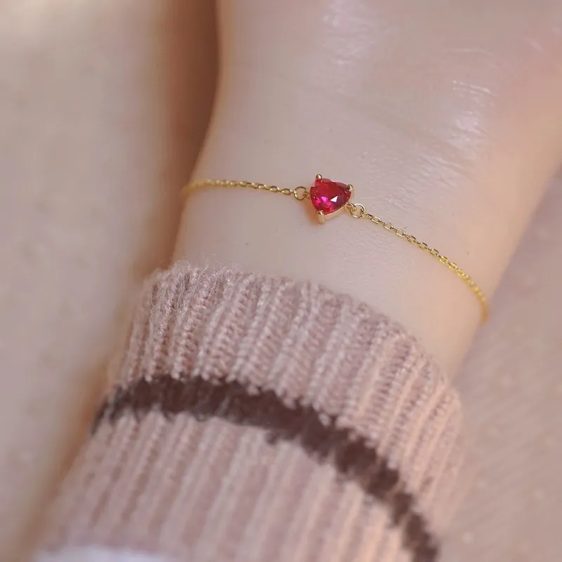 Minimalista Bracciale in Argento Sterling 925 Placcato Oro 14K Cuore con Strass per Donna Catena con Gemma Cuore Rosso
