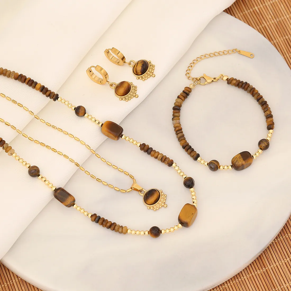 Vintage Tiger Eye Stone Beaded Necklace For Women Stainless Steel Gold Plated Maillard Style Clavicle Chain