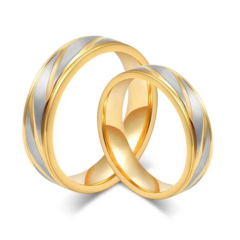 Titanium Stainless Steel Couple Rings Two-Tone Gold Silver Diagonal Stripes Minimalist Fashion Jewelry For Men Women