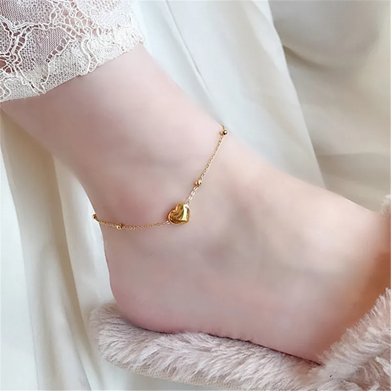 Elegant Titanium Steel Heart Anklet For Women 18K Gold Plated Heart Pendant Bead Foot Chain Adjustable Summer Jewelry