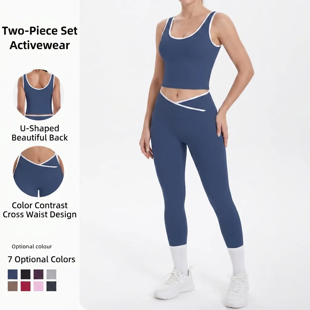 Women Contrast Binding Yoga Set U-Neck Workout Tank Top And V-Cross High Waist Tight Leggings Sports Activewear Suit