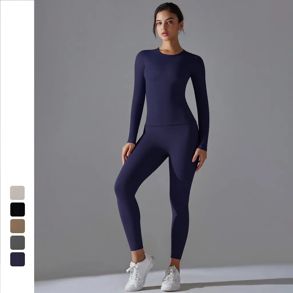 Femme Haut et Bas Tenue de Yoga Haute Résistance Couleur Unie Manches Longues Col Rond Survêtement Fitness Évacuation Humidité