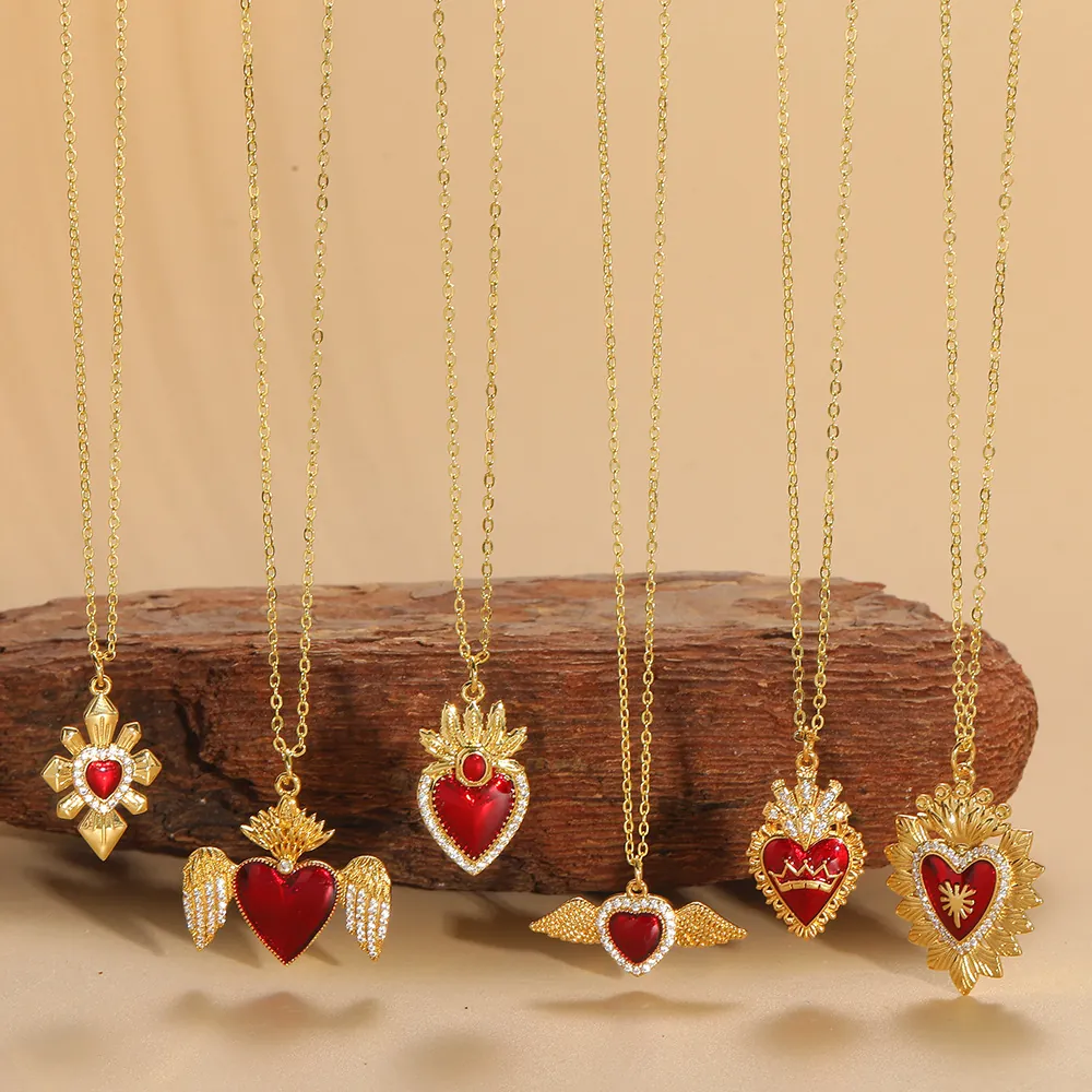 Vintage Baroque Heart Pendant Necklace Copper Enamel Angel Wings Zircon Romantic Clavicle Chain Jewelry For Women