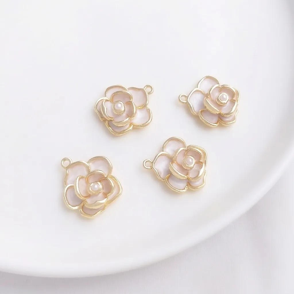 Camellia Flower Pendant Charms 14K Gold Plated Copper Enamel Artificial Pearl DIY Jewelry Making Component Elegant Vintage Floral Accessory