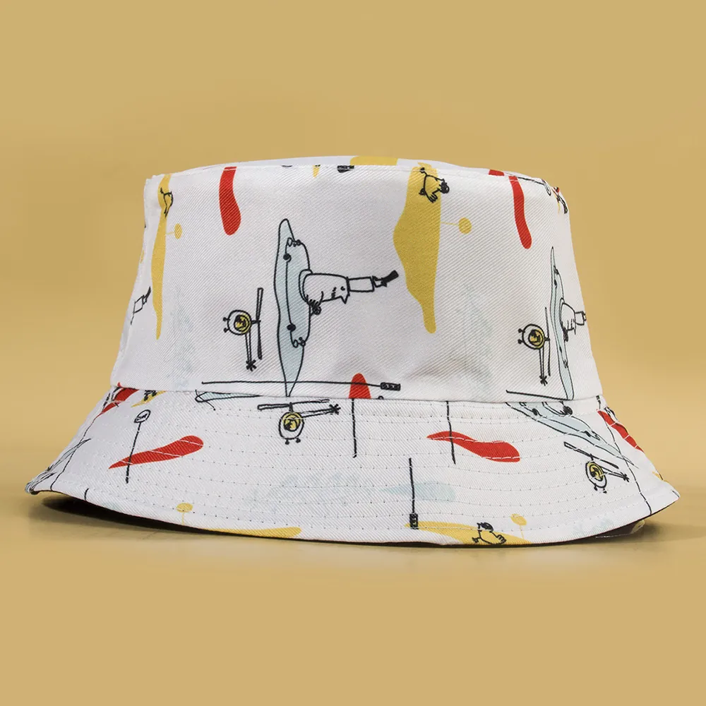 Reversible Bucket Hat Polyester Cartoon Doodle Print Sun Protection Outdoor Sun Hat For Women