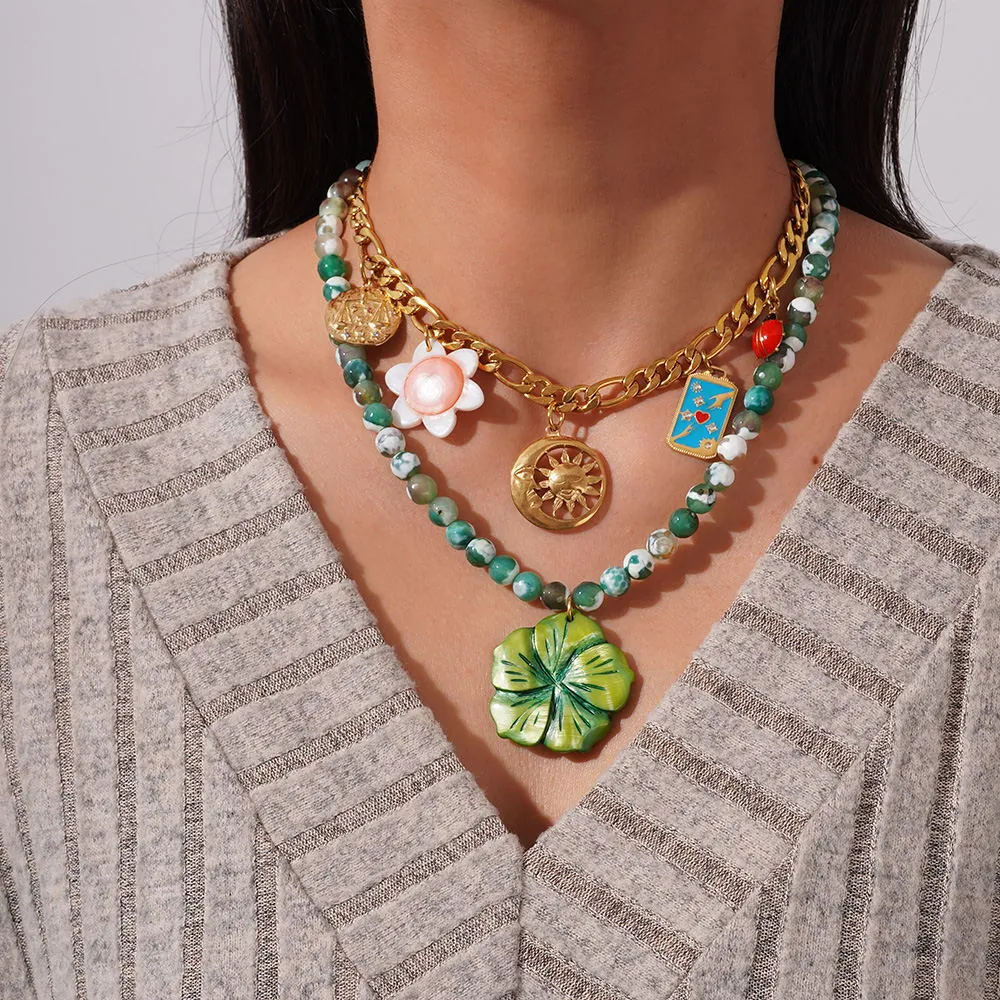 Vintage Women's Titanium Steel Gold Chunky Chain Multi-Charm Necklace Bohemian Green Marbled Beaded Flower Pendant Necklace