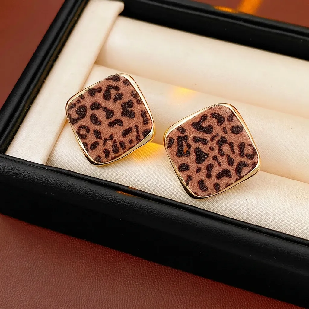 Boucles D'oreilles Carrées Rétro Imprimé Léopard Alliage Avec Cadre Doré Et Silver Earring Post Pour Femmes