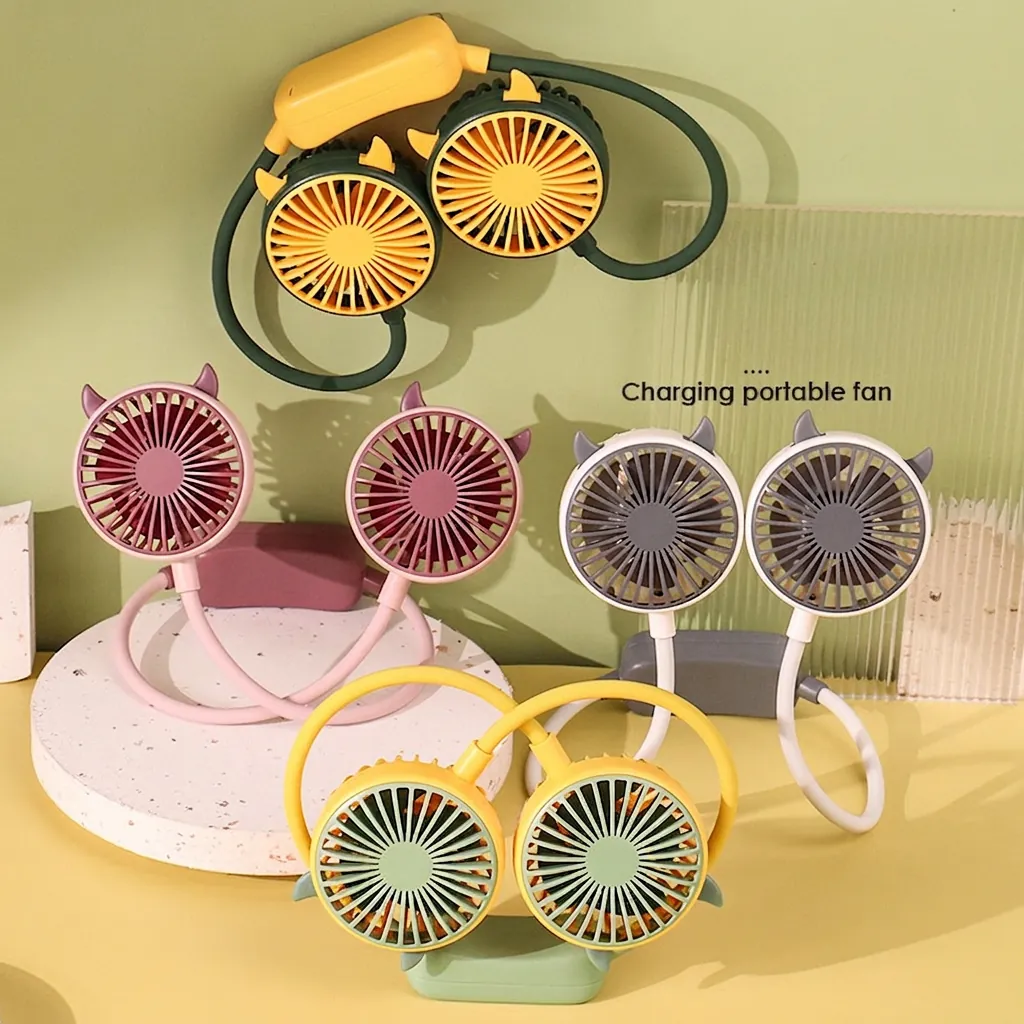Neck Fan Portable USB Rechargeable Dual Head Wearable Personal Cooling Hand Free Flexible Hose Cartoon Animal Ears