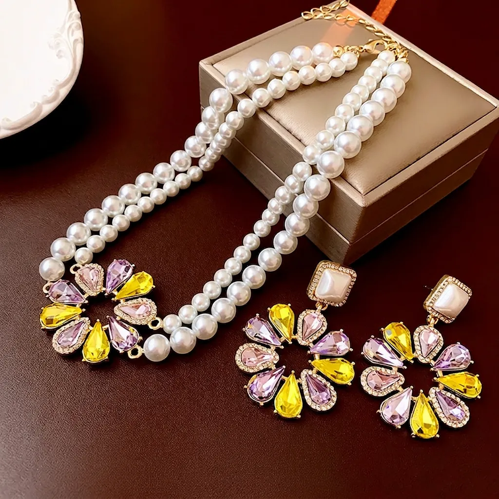 Vintage Blumen Schmuckset Imitationsperlen Doppelreihige Halskette Und Ohrringe Mit 925 Sterling Silber Ohrsteckern