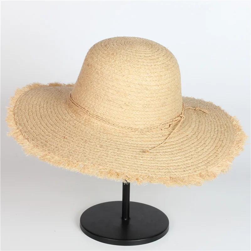 Raffia Straw Hat Wide Brim Sun Protection Frayed Raw Edge Beach Vacation Handmade Adjustable For Women