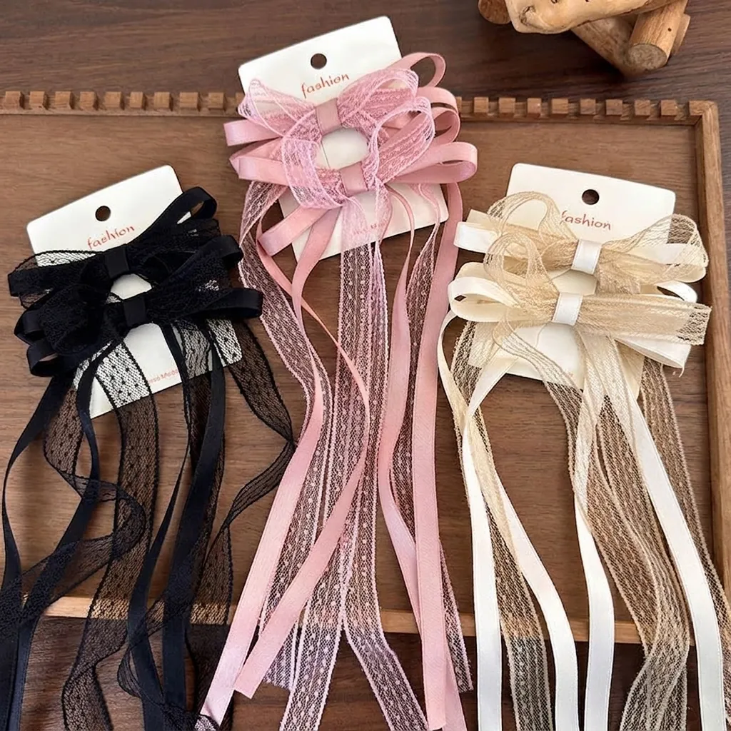 Lace Bow Hair Clips With Long Satin Ribbon Streamer French Retro Balletcore Duckbill Clips Handmade For Women Girls