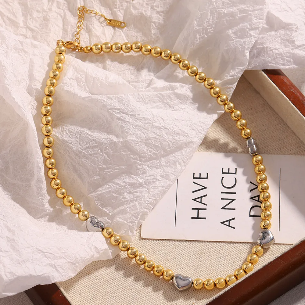 Collana In Acciaio Inossidabile Placcato Oro 18K Bicolore Perline Tonde Ciondoli A Cuore Argento Gioielli Moda Donna
